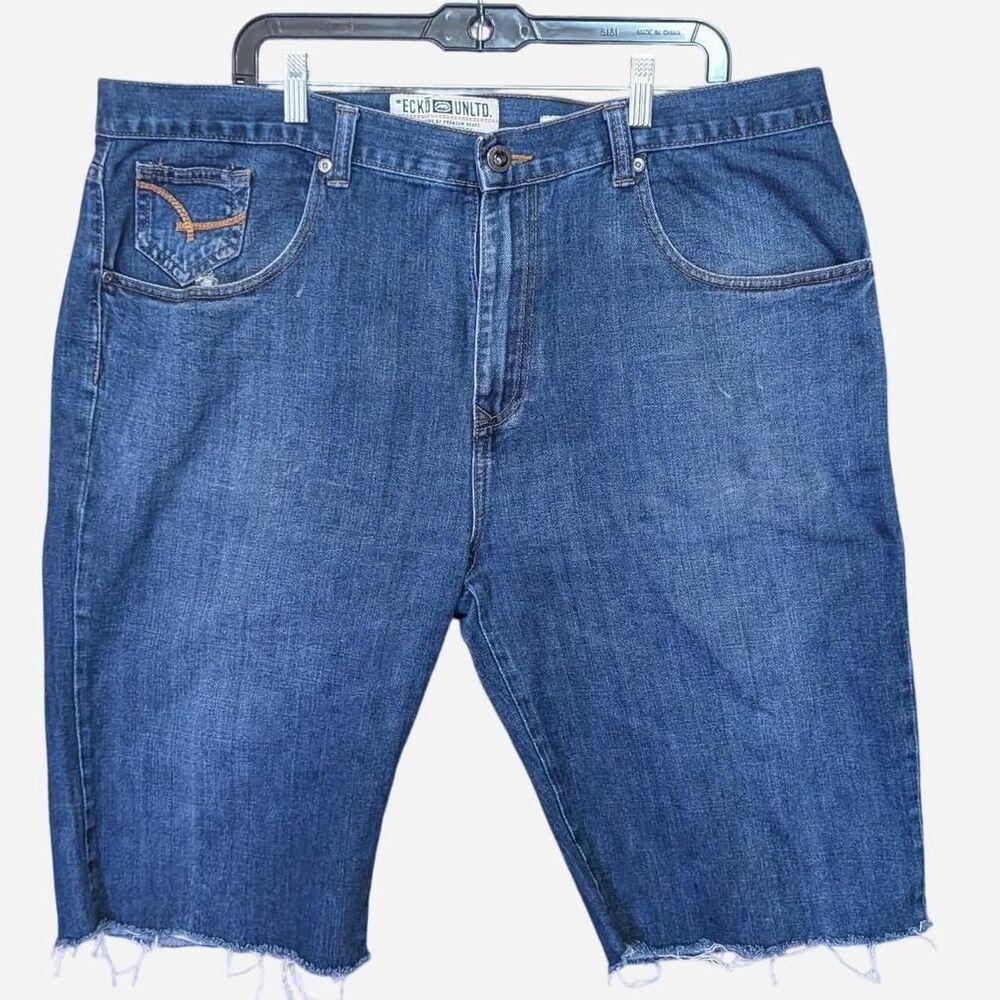 Ecko-unltd Men's Blue Y2K Distressed Cutoff Denim Jean Shorts, Size 40